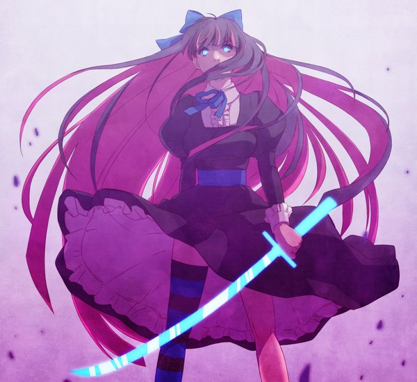 Anime picture 2068x1898 with panty & stocking with garterbelt anarchy stocking kanahal long hair highres blue eyes black hair simple background white background pink hair multicolored hair two-tone hair glowing glowing eye (eyes) colored inner hair girl thighhighs bow weapon hair bow