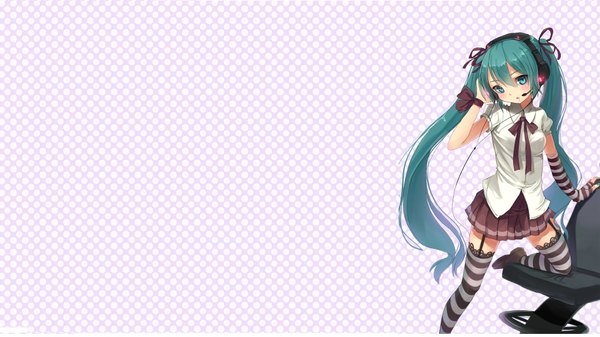 Anime picture 1920x1080 with vocaloid hatsune miku long hair blush highres simple background wide image twintails aqua eyes aqua hair girl thighhighs skirt miniskirt headphones striped thighhighs wire (wires)