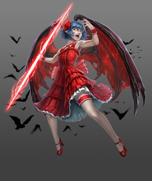 Anime picture 1656x1973 with touhou remilia scarlet pandawei single tall image short hair open mouth blue hair pointy ears grey background blank eyes girl dress bow weapon hair bow animal wings frills spear