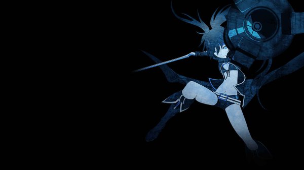 Anime picture 2638x1484 with black rock shooter black rock shooter (character) single long hair highres blue eyes black hair wide image twintails glowing black background glowing eye (eyes) girl gloves navel weapon sword shorts cloak bikini top