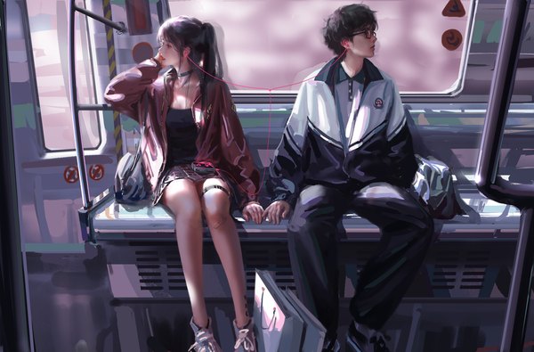 Anime picture 4102x2700 with original wlop long hair highres short hair black hair sitting looking away absurdres long sleeves arm up realistic open jacket couple lipstick watermark train interior formula girl boy