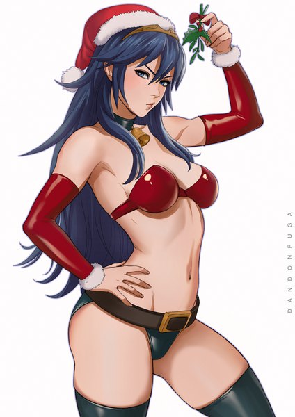 Anime-Bild 750x1061 mit fire emblem fire emblem awakening lucina (fire emblem) dandon fuga single long hair tall image looking at viewer blush fringe breasts blue eyes light erotic simple background hair between eyes standing white background holding cleavage arm up