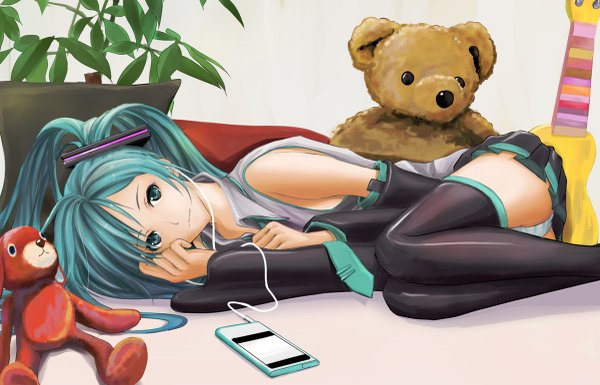 Anime picture 1200x771 with vocaloid hatsune miku tagme (artist) single long hair light erotic twintails lying pleated skirt aqua eyes aqua hair on side embryo's pose girl thighhighs skirt underwear panties plant (plants) miniskirt