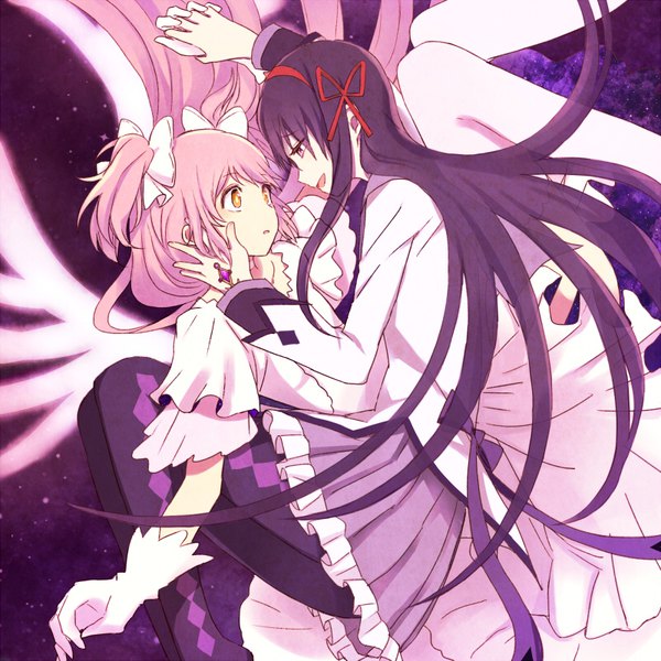 Anime picture 800x800 with mahou shoujo madoka magica shaft (studio) akemi homura kaname madoka goddess madoka akuma homura tuku4331 long hair short hair open mouth black hair smile purple eyes twintails multiple girls yellow eyes pink hair purple hair bent knee (knees) parted lips