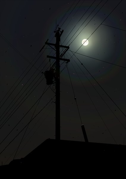 Anime picture 848x1200 with original alu.m (alpcmas) tall image outdoors night from below night sky lens flare light no people leaf (leaves) moon star (stars) full moon power lines