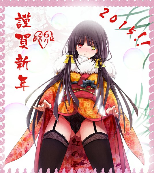 Anime picture 800x899 with date a live tokisaki kurumi kurenai no shizuku single long hair tall image blush light erotic black hair twintails traditional clothes japanese clothes heterochromia low twintails new year happy new year nengajou 2015 girl thighhighs