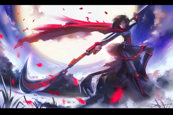 Anime picture 1240x830 with rwby rooster teeth ruby rose grimm inoi single short hair black hair brown eyes cloud (clouds) night girl dress weapon plant (plants) petals tree (trees) boots moon cape