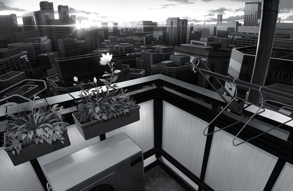 Anime picture 1989x1299 with original mogumo highres sky cloud (clouds) sunlight city monochrome cityscape no people morning sunrise flower (flowers) plant (plants) building (buildings) sun skyscraper balcony