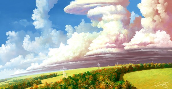 Anime picture 1280x667 with original fear-sas (artist) wide image sky cloud (clouds) shadow no people landscape nature field plant (plants) tree (trees) grass forest wire (wires)