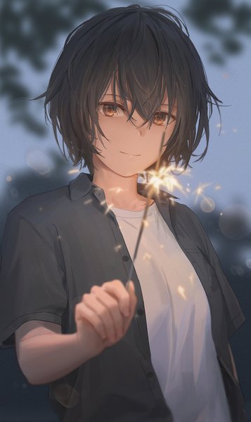 Anime picture 1400x2350 with original free style (yohan1754) single tall image looking at viewer blush fringe short hair black hair smile holding brown eyes upper body outdoors short sleeves open shirt tomboy girl shirt t-shirt