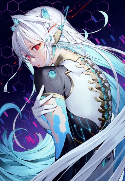 Anime picture 2393x3465 with original kitada mo single tall image looking at viewer fringe highres hair between eyes red eyes upper body white hair very long hair profile looking back multicolored hair from behind colored inner hair holding arm girl gloves
