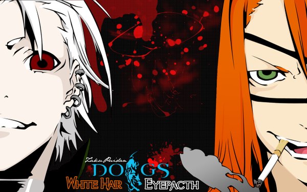 Anime picture 1280x800 with dogs: bullets & carnage david production haine rammsteiner badou nails long hair short hair open mouth red eyes wide image green eyes white hair orange hair inscription multiple boys wallpaper grin close-up smoke face pale skin