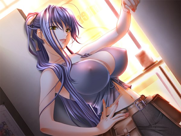 Anime picture 800x600 with shichinin no online gamers ogushi yuniko sano toshihide single long hair looking at viewer fringe breasts light erotic large breasts blue hair game cg ahoge ponytail nail polish fingernails dutch angle erect nipples lipstick covered nipples