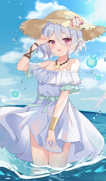 Anime picture 1172x2000 with princess connect! re:dive princess connect! kokkoro (princess connect!) serika single tall image looking at viewer fringe short hair open mouth hair between eyes purple eyes sky silver hair cloud (clouds) :d pointy ears horizon girl dress