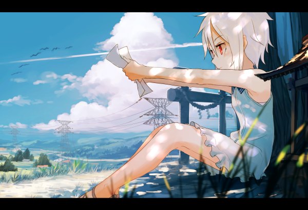Anime picture 1200x820 with original inami hatuko single blush fringe short hair hair between eyes red eyes wide image sitting bare shoulders holding looking away sky cloud (clouds) bent knee (knees) profile bare legs scenic condensation trail