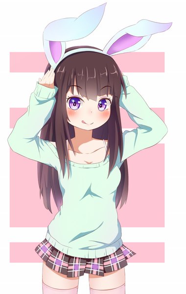 Anime picture 845x1333 with original cupen long hair tall image looking at viewer blush black hair smile purple eyes animal ears bunny ears girl skirt sweater