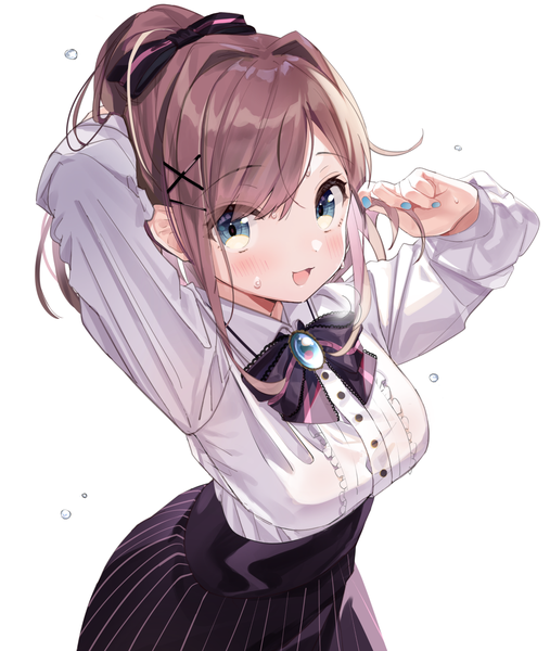 Anime picture 1254x1482 with virtual youtuber nijisanji suzuhara lulu kanda done single long hair tall image looking at viewer blush blue eyes simple background brown hair white background ponytail nail polish from above sweat arm behind head blue nail polish girl