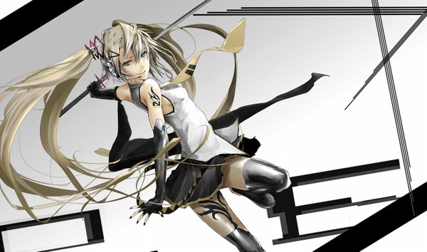Anime picture 1513x893 with vocaloid hatsune miku nil (artist) single long hair looking at viewer blonde hair smile wide image twintails very long hair tattoo silver eyes girl gloves weapon miniskirt sword necktie elbow gloves