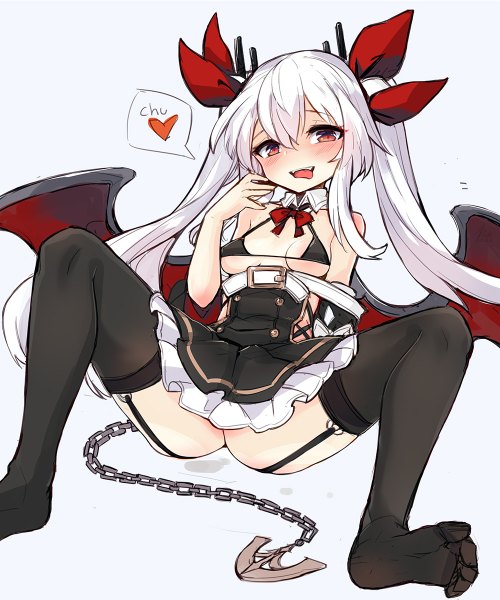 Anime picture 1000x1200 with azur lane vampire (azur lane) mou tama maru single long hair tall image looking at viewer blush fringe breasts open mouth light erotic simple background hair between eyes red eyes large breasts white background sitting bare shoulders white hair