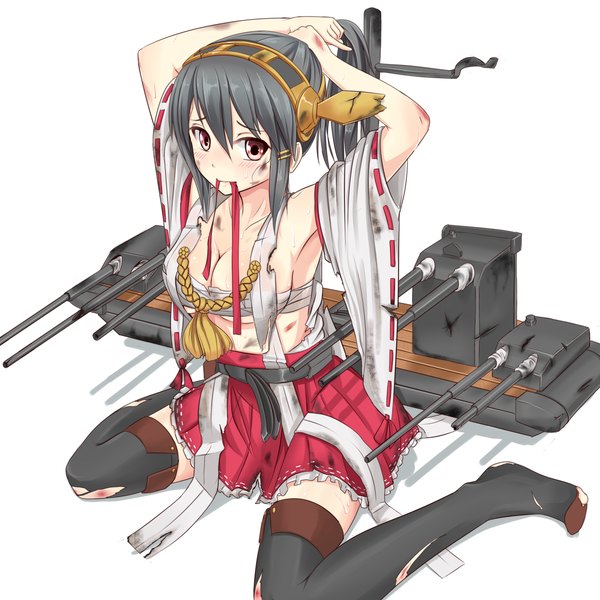 Anime picture 2480x2480 with kantai collection haruna battleship hawe king seraphwia single long hair looking at viewer blush highres breasts light erotic sitting bare shoulders holding brown eyes silver hair ponytail armpit (armpits) mouth hold adjusting hair