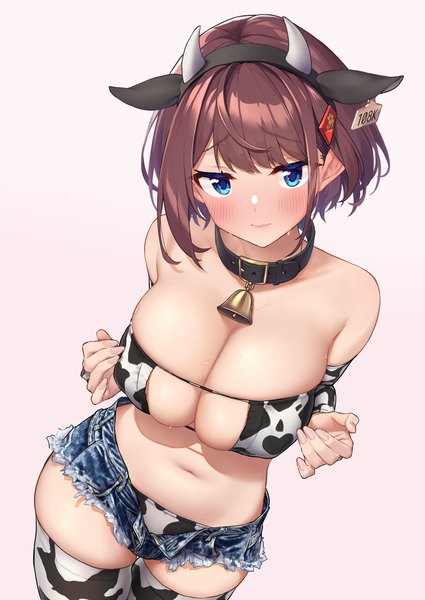 Anime picture 2508x3541 with original hitoyo (baffu) baffu single tall image looking at viewer blush fringe highres short hair breasts blue eyes light erotic simple background smile brown hair large breasts standing animal ears cleavage