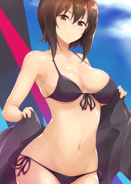 Anime picture 740x1035 with girls und panzer nishizumi miho jampen single tall image looking at viewer blush fringe short hair breasts light erotic hair between eyes brown hair large breasts standing bare shoulders holding brown eyes sky cleavage