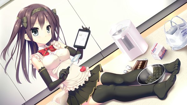 Anime picture 1024x576 with original ochinsama single long hair black hair wide image maid grey eyes two side up legs valentine cooking thighhighs gloves uniform black thighhighs black gloves elbow gloves food hairband