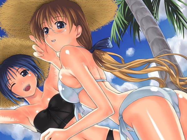Anime picture 1280x960 with open mouth light erotic blonde hair smile multiple girls blue hair cloud (clouds) aqua eyes skin tight girl ribbon (ribbons) 2 girls swimsuit plant (plants) hair ribbon hat tree (trees) glasses palm tree straw hat