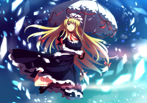 Anime picture 1000x704 with touhou yakumo yukari itoo (artist) single long hair blonde hair smile purple eyes one eye closed wink girl dress gloves petals elbow gloves umbrella bonnet