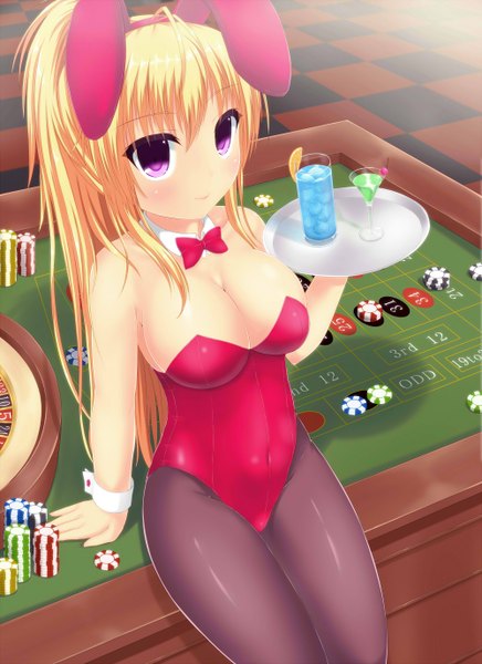 Anime picture 1000x1374 with original kurose taiga single long hair tall image blush breasts light erotic blonde hair smile large breasts bare shoulders ponytail pink eyes bunny ears casino girl bunnysuit drink roulette