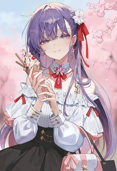 Anime picture 800x1167 with fate (series) fate/stay night matou sakura chyoel single long hair tall image looking at viewer fringe smile hair between eyes purple eyes purple hair outdoors hair flower blurry cherry blossoms spring girl skirt