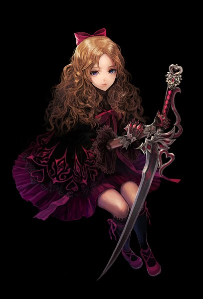 Anime picture 800x1179 with original agasang single long hair tall image looking at viewer fringe simple background blonde hair sitting purple eyes holding bent knee (knees) black background wavy hair girl dress gloves bow weapon