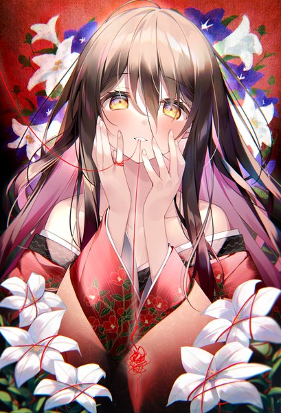Anime picture 4533x6656 with original emori miku project suimya single long hair tall image looking at viewer blush fringe highres hair between eyes brown hair bare shoulders holding yellow eyes absurdres upper body traditional clothes head tilt japanese clothes