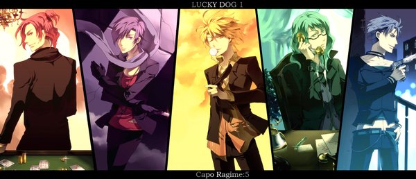 Anime picture 2000x860 with capo ragime 5 sunakumo fringe highres blonde hair wide image blue hair purple hair red hair one eye closed looking back green hair wink hair over one eye group multiview column lineup boy gloves weapon