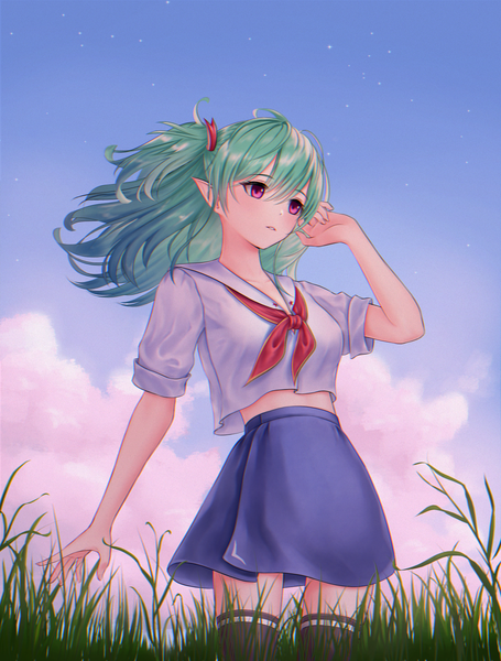 Anime picture 2200x2900 with eon moonworks polina sokolova m da ghoul228 single long hair tall image highres looking away sky cloud (clouds) parted lips pink eyes green hair wind pointy ears two side up anaglyph twisty sleeves girl