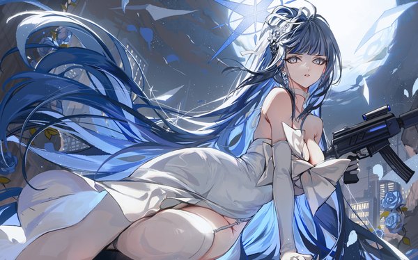 Anime-Bild 3208x2000 mit blue archive saori (blue archive) saori (dress) (blue archive) akizero1510 single looking at viewer fringe highres breasts light erotic wide image large breasts sitting blue hair cleavage blunt bangs very long hair arm support official alternate costume side slit