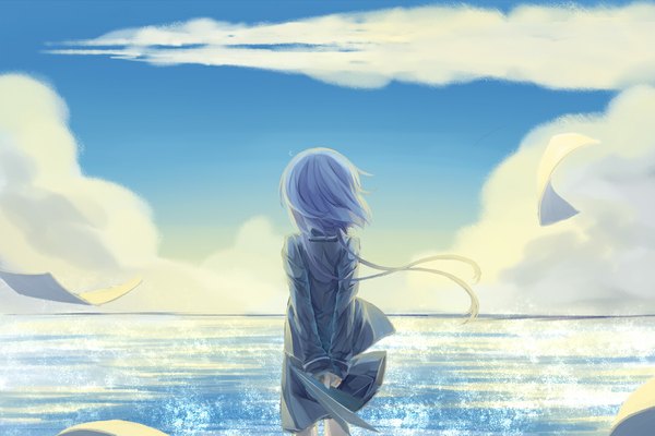 Anime picture 1080x720 with vocaloid aoki lapis single long hair standing sky purple hair cloud (clouds) wind sunlight back hands behind back girl skirt water paper