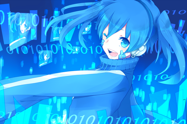 Anime picture 1350x900 with kagerou project shaft (studio) ene (kagerou project) kurono (artist) single looking at viewer short hair open mouth blue eyes twintails blue hair one eye closed wink short twintails girl headphones
