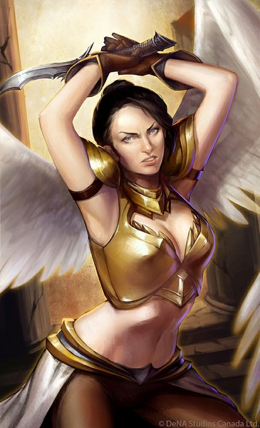 Anime picture 609x1000 with the powerful: nyc (card game) rebecca (the powerful: nyc) noa ikeda single tall image looking at viewer short hair black hair lips bare belly armpit (armpits) grey eyes eyebrows angel wings angry girl gloves navel weapon wings