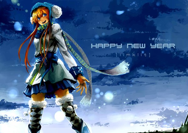 Anime picture 3000x2124 with original ilmkilt (junefeier) single long hair highres blue eyes blonde hair sky cloud (clouds) inscription winter new year rhombus happy new year girl thighhighs hat scarf winter clothes argyle legwear