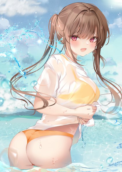 Anime picture 636x900 with original pon (ponidrop) single long hair tall image blush fringe breasts open mouth light erotic hair between eyes red eyes brown hair large breasts twintails holding payot sky cloud (clouds) outdoors
