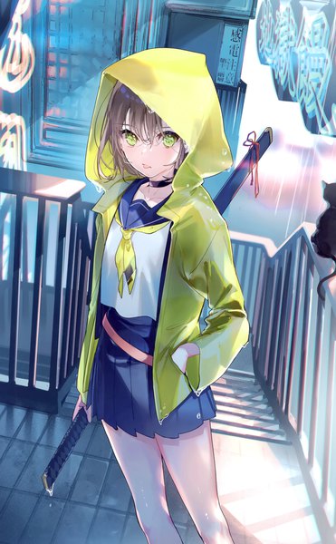 Anime picture 1856x3002 with original miwano rag single tall image looking at viewer fringe highres hair between eyes brown hair holding green eyes pleated skirt scan open jacket rain :p hand in pocket girl skirt uniform