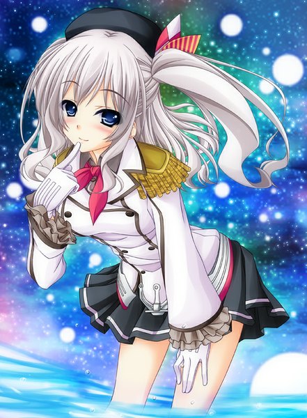 Anime picture 588x800 with kantai collection kashima training cruiser aoi hiro single long hair tall image looking at viewer blush fringe blue eyes smile silver hair pleated skirt leaning leaning forward one side up finger to mouth girl skirt gloves