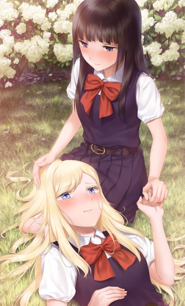 Anime picture 2458x4044 with original asaba0327 long hair tall image blush highres blue eyes black hair blonde hair purple eyes multiple girls holding hands shoujo ai hand on another's head girl uniform flower (flowers) 2 girls school uniform bowtie