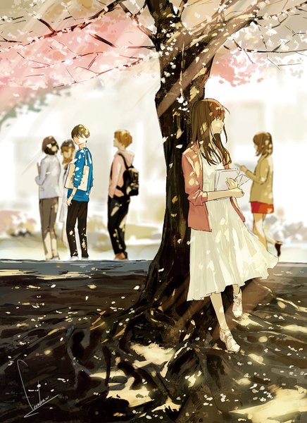 Anime picture 785x1080 with original loundraw long hair tall image fringe short hair open mouth hair between eyes brown hair standing multiple girls holding signed looking away ahoge bent knee (knees) outdoors sunlight blurry open jacket