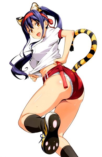 Anime picture 4534x6962 with maken-ki! amaya haruko takeda hiromitsu single long hair tall image looking at viewer blush highres open mouth light erotic simple background white background twintails animal ears absurdres purple hair ass tail animal tail
