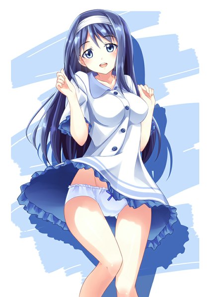 Anime picture 708x1000 with vividred operation futaba aoi (vividred operation) aoi usagi single long hair tall image blush open mouth blue eyes light erotic blue hair girl dress underwear panties hairband