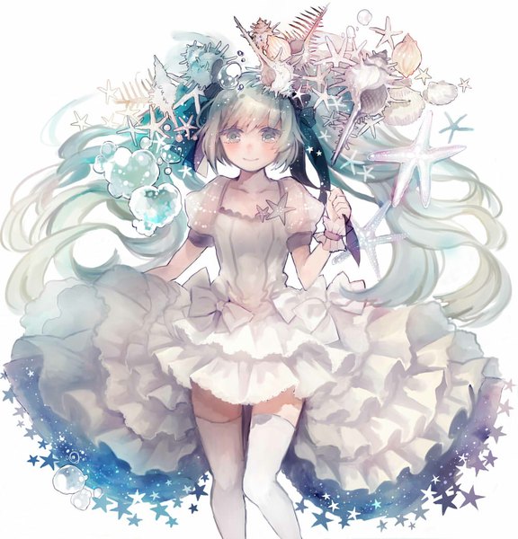 Anime picture 1001x1042 with vocaloid hatsune miku mukimuki mayuge single long hair tall image looking at viewer blush fringe blue eyes simple background standing white background twintails blue hair bent knee (knees) light smile zettai ryouiki girl thighhighs