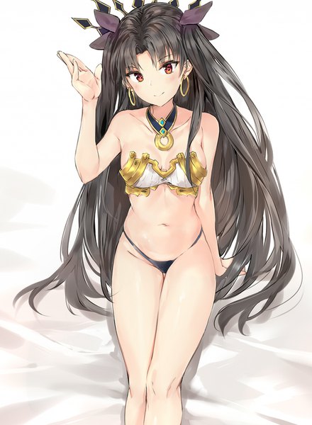 Anime picture 1100x1500 with fate (series) fate/grand order ishtar (fate) silver (chenwen) single long hair tall image looking at viewer blush fringe breasts light erotic black hair simple background smile red eyes white background sitting bare shoulders cleavage