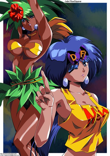 Anime picture 2480x3507 with bishoujo senshi sailor moon toei animation sailor moon monster book avogadora hinomars19 long hair tall image looking at viewer highres breasts blue eyes light erotic large breasts blue hair one eye closed hair flower green hair wink open clothes arms up
